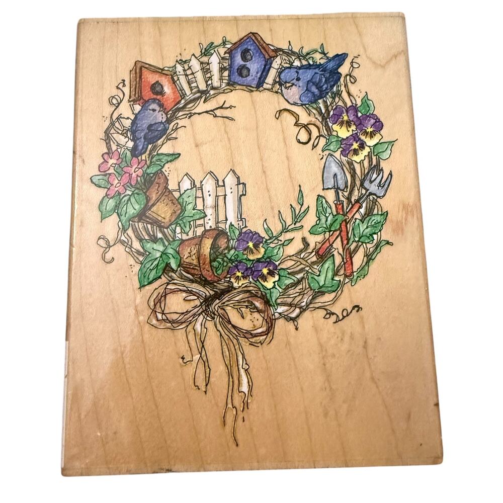 Stampendous Vintage 1997 Birdhouse Wreath R041 Large Rubber Stamp